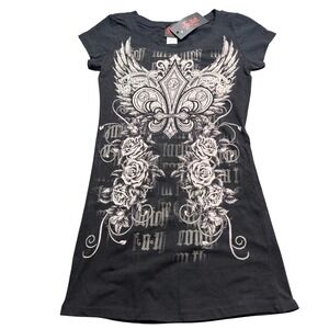 Folter Black Graphic Tunic Top Wings Roses Gothic Medium NWT